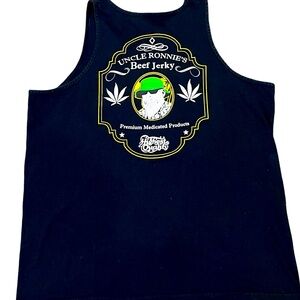 Black tank top Uncle Ronnie’s Medicated Beef Jerky large.